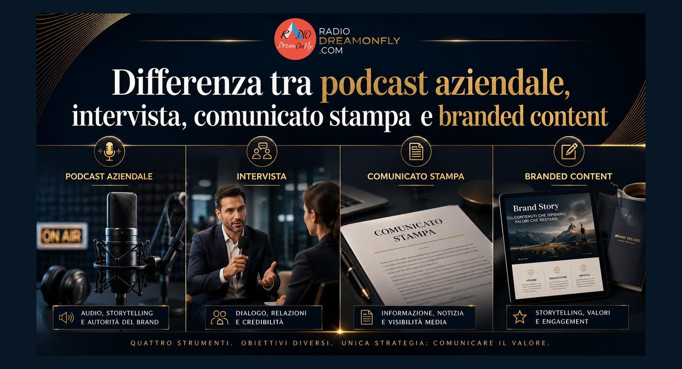 Differenza tra podcast aziendale, intervista, comunicato stampa e branded content